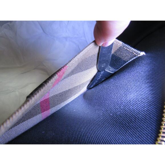 NWT BURBERRY BANWELL DARK BLUE LEATHER CHECK CANVAS SM SHOULDER TOTE BAG $ 1950 - Picture 6 of 13